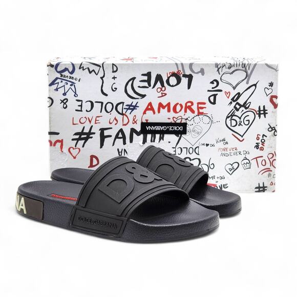 Dolce & Gabbana Logo Saint Barth Rubber Pool Slides Black EU 39 US 9 - NWB $320 - Picture 1 of 7